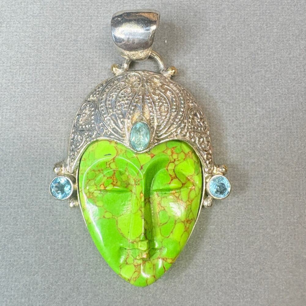 Carved Gaspeite Guardian Face Pendant Set in Sterling Silver, 1980s–2000s Asian